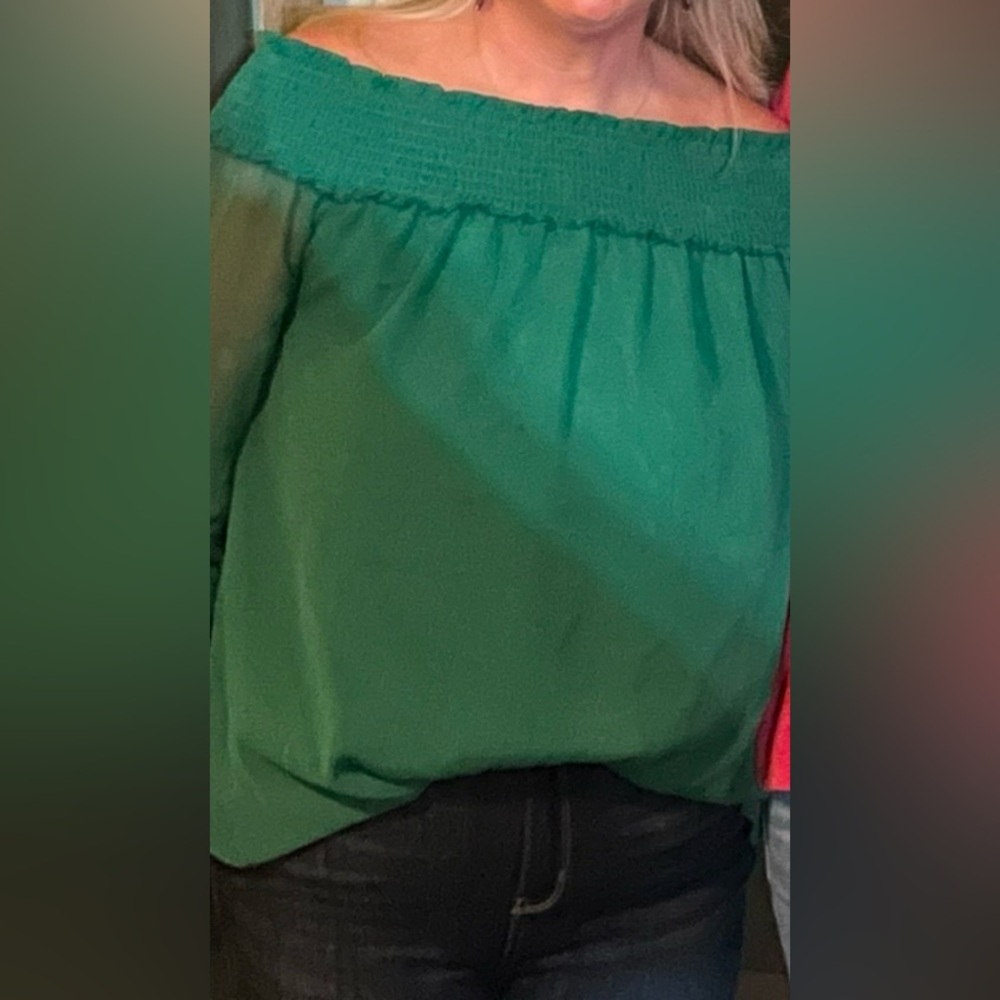 Green off shoulder long sleeve top - Picture 2 of 2